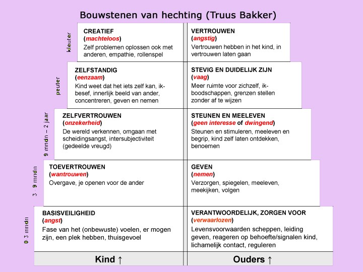 Bouwstenen van hechting (Truus Bakker) 
CREATIEF 
(machteloos) 
Zelf problemen oplossen ook met 
anderen, empathie, rollenspel 
ZELFSTANDIG 
(eenzaam) 
Kind weet dat het iets zelf kan, ik. 
besef, innerlijk beeld van ander, 
concentreren. geven en nemen 
ZELFVERTROUWEN 
( onzekerheid) 
0e wereld verkennen, omgaan met 
scheidingsangst. intersubjectiviteit 
(gedeelde vreugd) 
TOEVERTROUWEN 
(wantrouwen) 
Overgave, je openen voor de ander 
BASISVEILIGHEID 
(angst) 
Fase van het (onbewuste) voelen, er mogen 
zijn, een plek hebben, thuisgevoel 
Kind t 
VERTROUWEN 
(angstig) 
Vertrou%'en hebben in het kind, in 
vertrouwen laten gaan 
STEVIG EN DUIDELIJK ZIJN 
(vaag) 
Meer ruimte voor Zichzelf, ik- 
boodschappen. grenzen stellen 
zonder af te Wijzen 
STEUNEN EN MEELEVEN 
(geen interesse Of dwingend) 
Steunen en stimuleren, meeleven en 
begrip. kind zelf laten ontdekken, 
benoemen 
GEVEN 
(nemen) 
Verzorgen, spiegelen, meeleven, 
meekijken. volgen 
VERANTWOORDELIJK, ZORGEN VOOR 
(verwaarloz en) 
Levensvoorwaarden scheppen, leiding 
geven, reageren op behoefte/signalen kind, 
lichamelijk contact, reguleren 
Ouders 